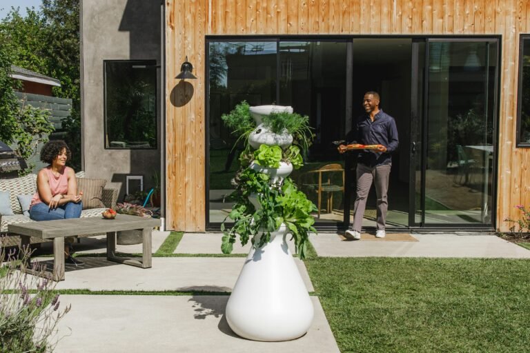 A beautifully lit backyard patio area at dusk featuring string lights, a stone fire pit, and outdoor seating with a view of the garden.