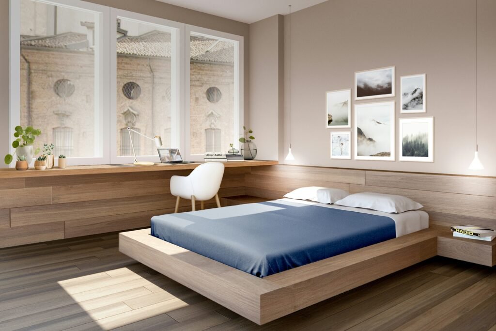 Serene smart bedroom at dusk with automated blackout shades and warm ambient lighting creating a peaceful sleep environment