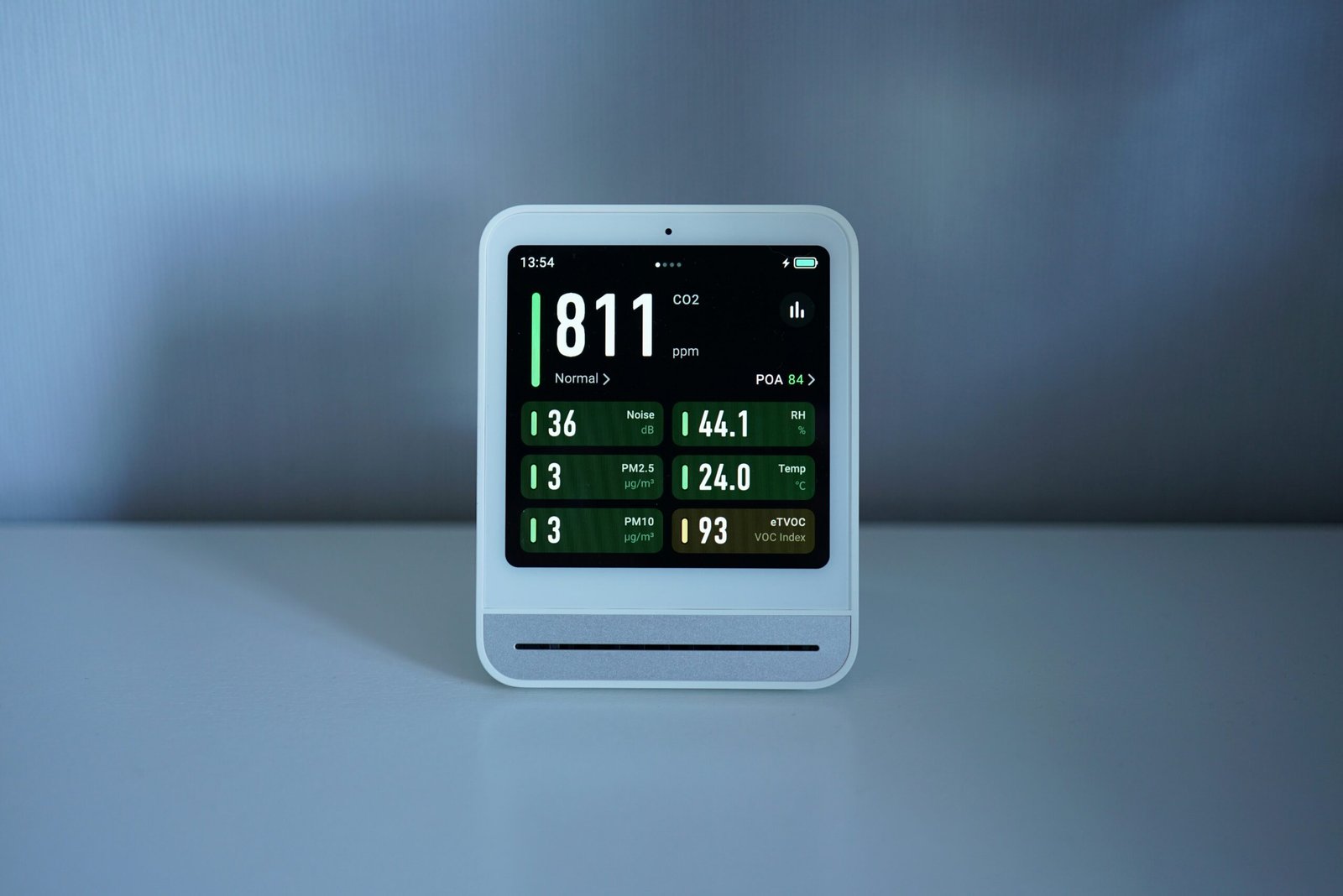Modern smart thermostat mounted on clean white wall displaying comfortable room temperature with digital interface