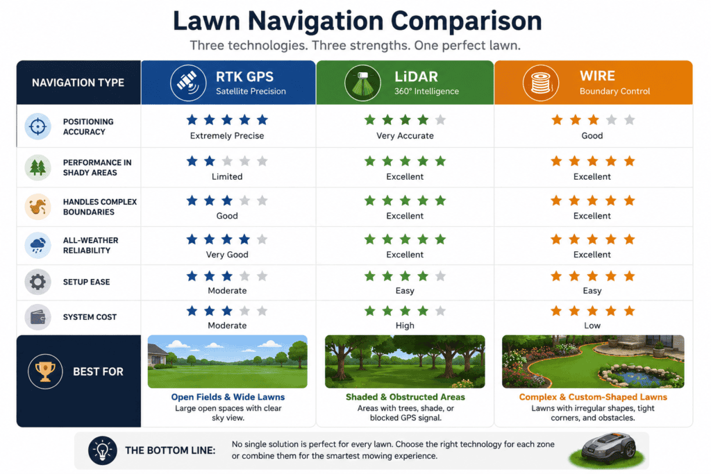 Comparison table of boundary wire, RTK GPS, and LiDAR robotic mower navigation.