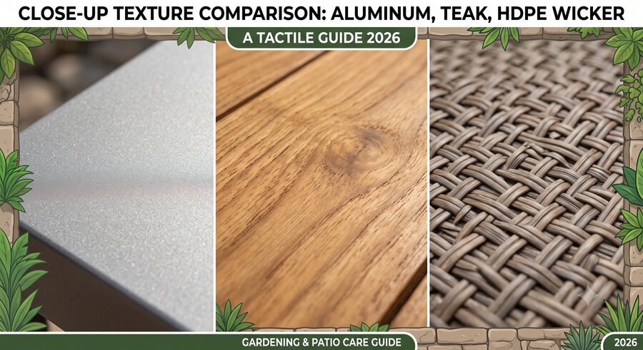 Close-up texture comparison of aluminum, teak, and HDPE wicker patio furniture