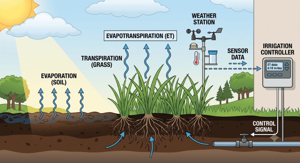 Evapotranspiration diagram showing how weather affects lawn watering needs.