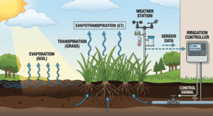 Evapotranspiration diagram showing how weather affects lawn watering needs.