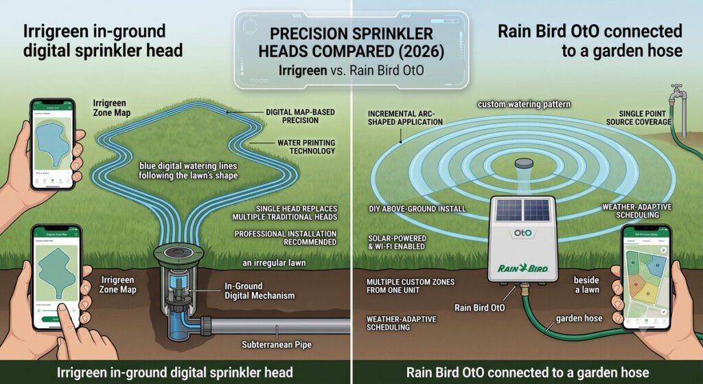 Precision sprinkler heads comparison showing Irrigreen in-ground system versus Rain Bird OtO smart hose-end sprinkler.