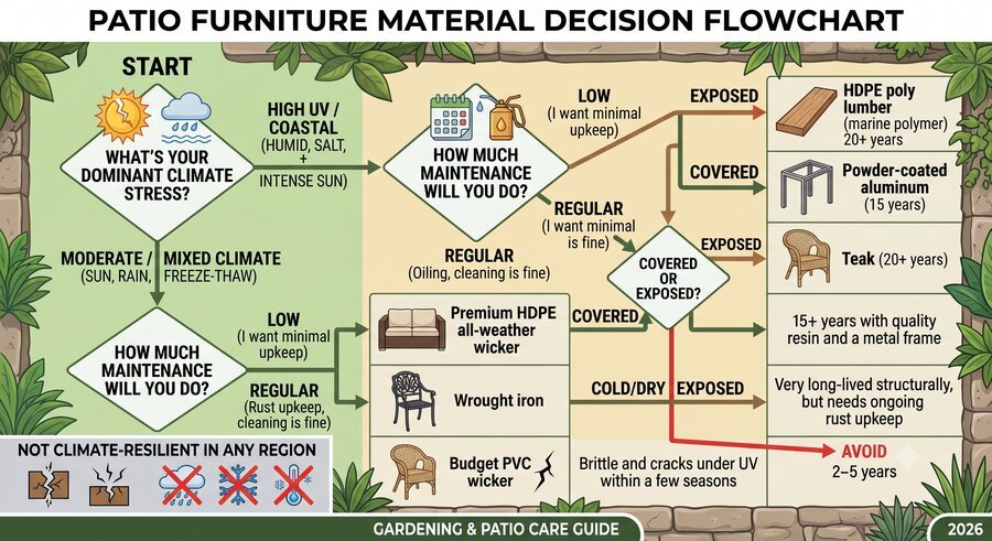 Patio furniture material decision flowchart.