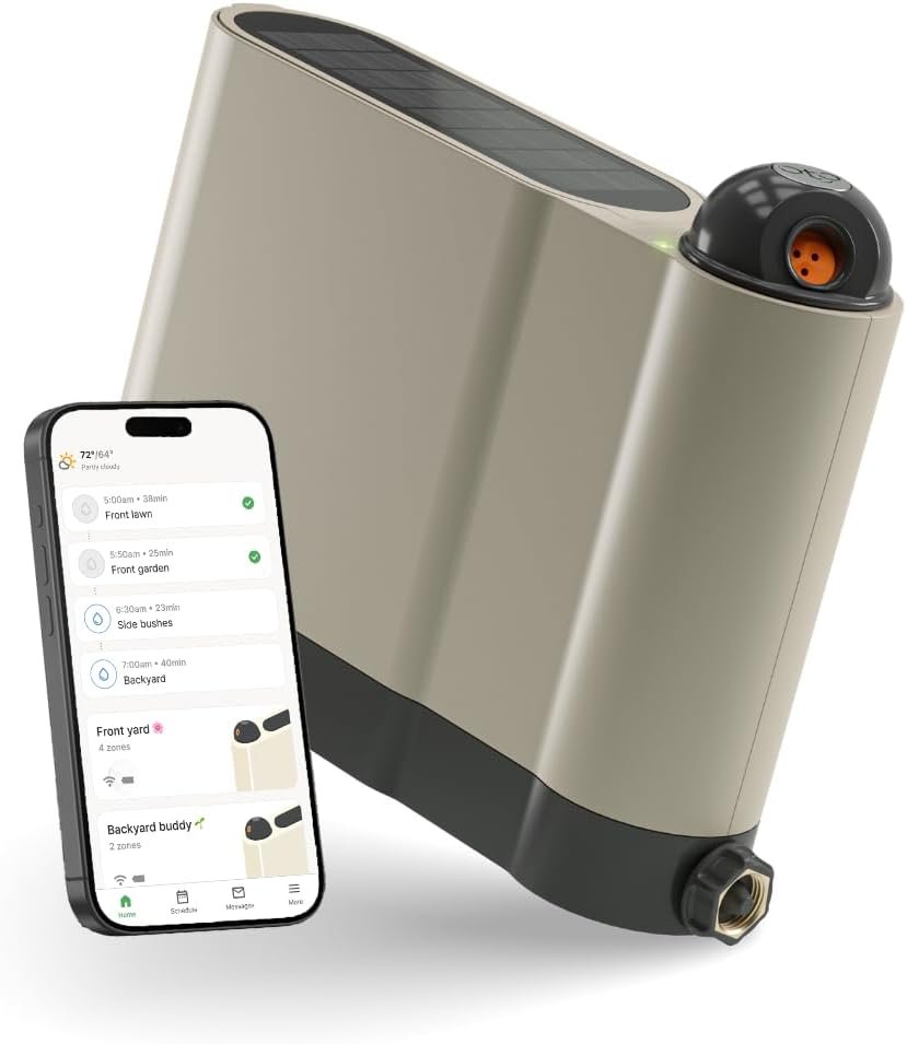 Rain Bird OtO solar-powered smart sprinkler attached to garden hose