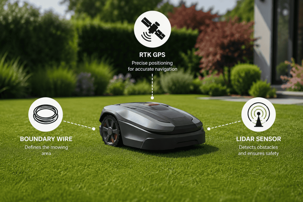 Robotic mower with RTK GPS, boundary wire, and LIDAR sensor in yard.