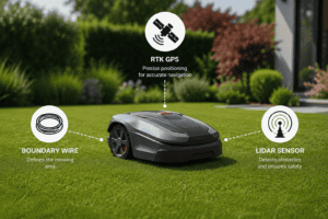 Robotic mower with RTK GPS, boundary wire, and LIDAR sensor in yard.