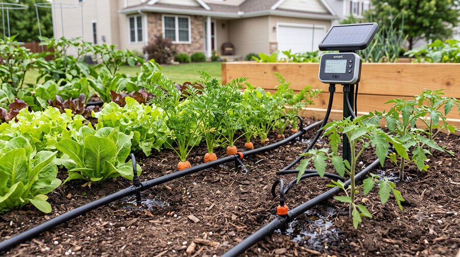 drip irrigation in a garden bed