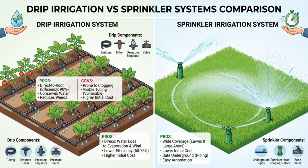 drip irrigation vs sprinkler systems comparison