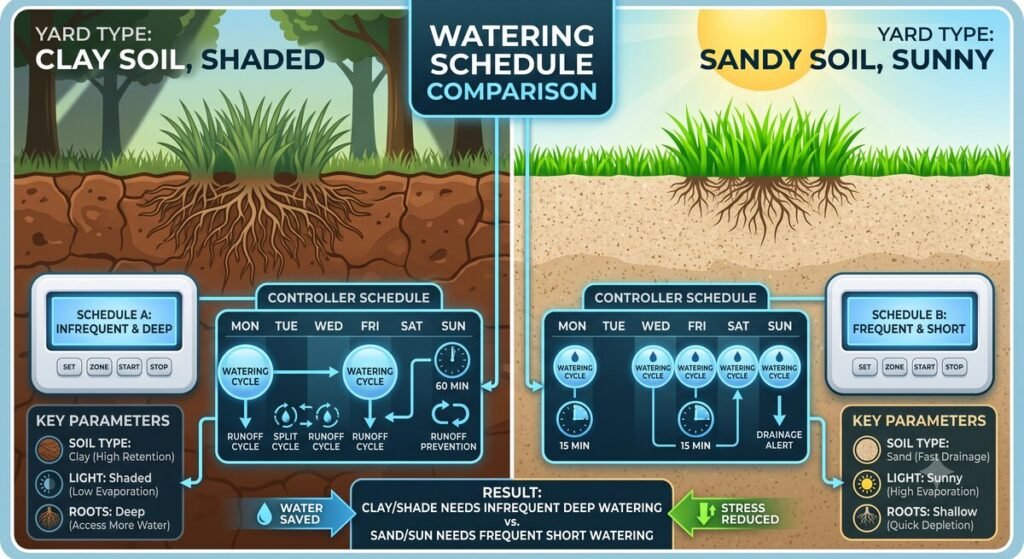 How soil type and sun exposure affect smart irrigation scheduling.