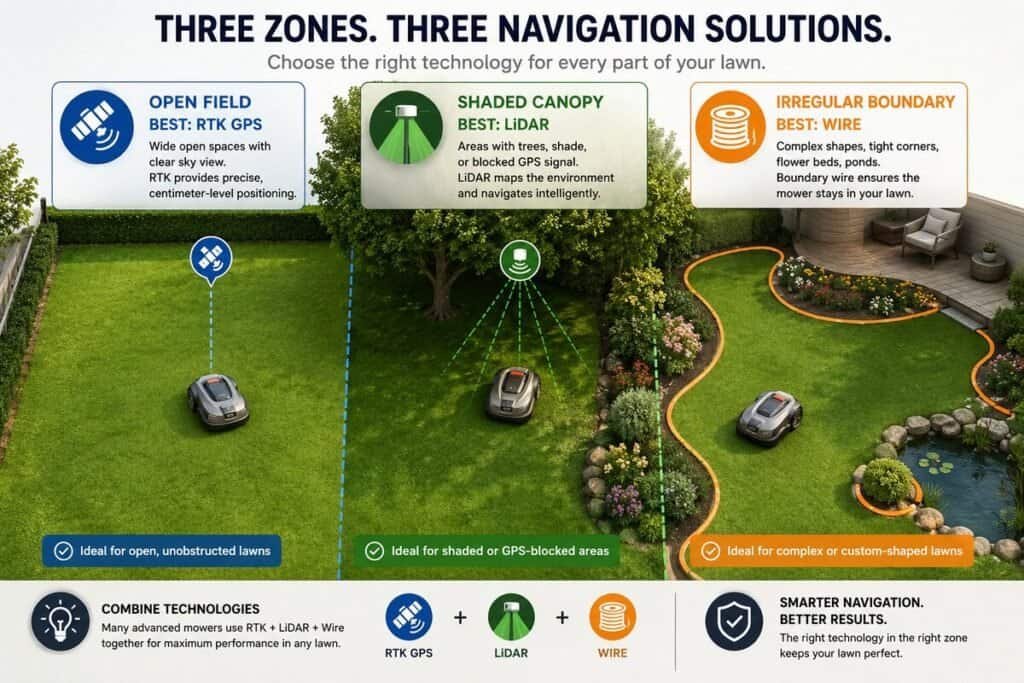 Best robotic mower navigation type by yard condition: RTK for open lawns, LiDAR for tree cover, wire for complex yards.