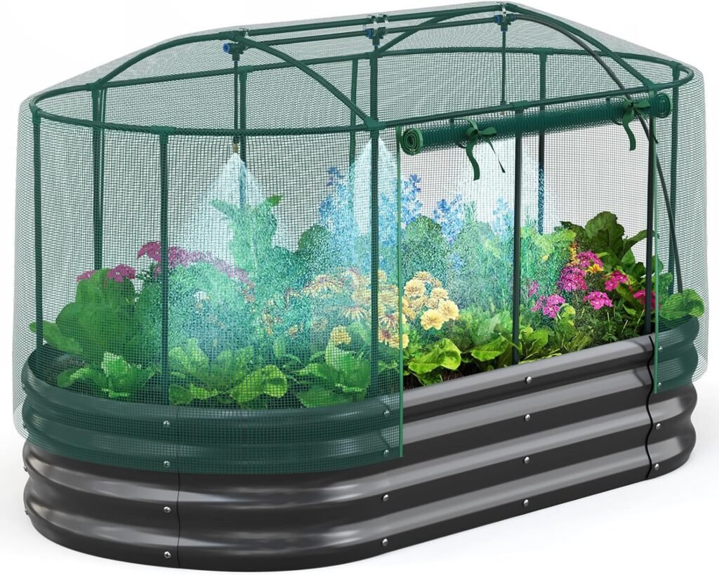 Quictent galvanized raised garden bed with self-watering system and mesh cover.