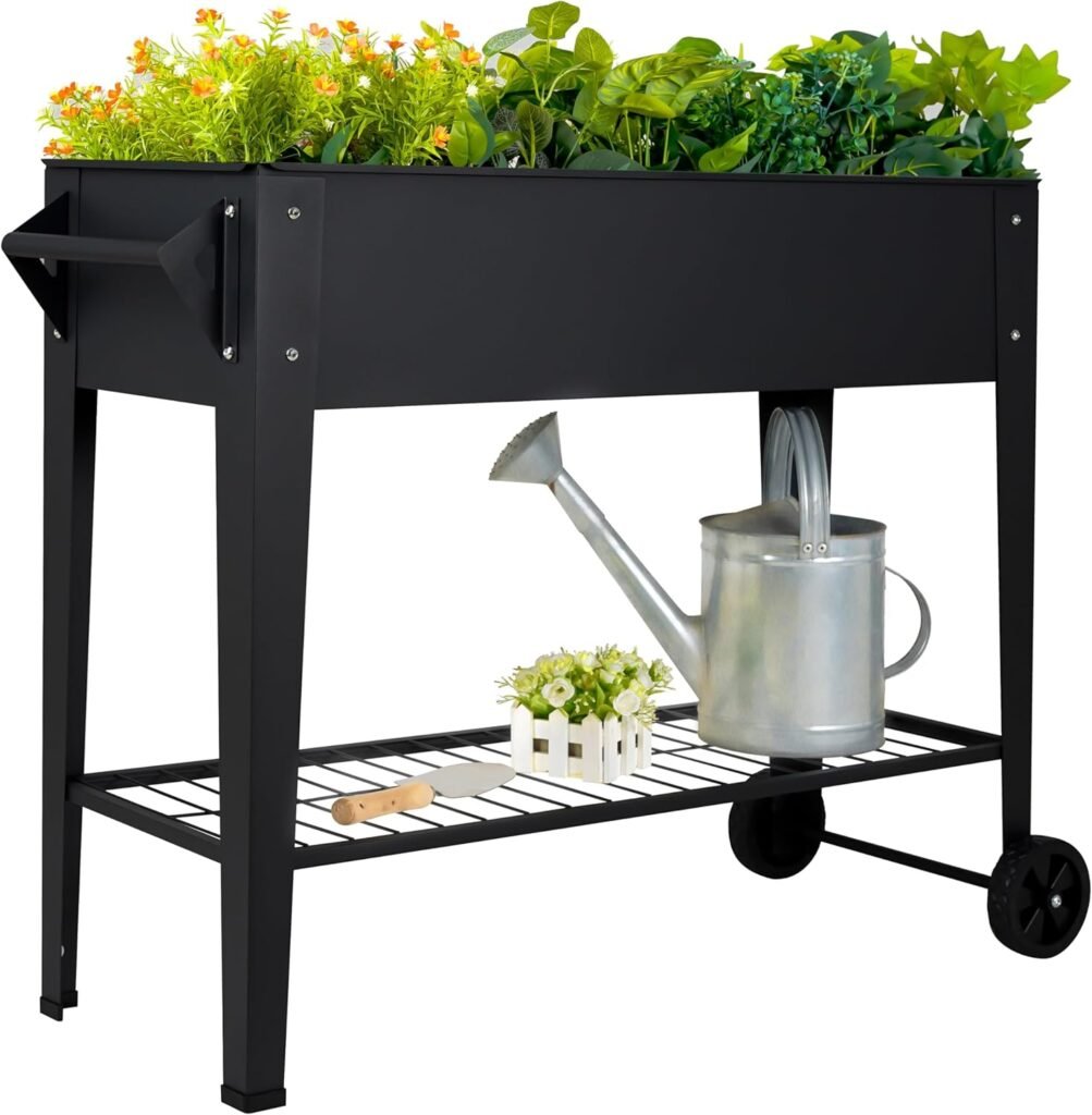 LEETOLLA elevated raised garden bed with wheels on a patio.