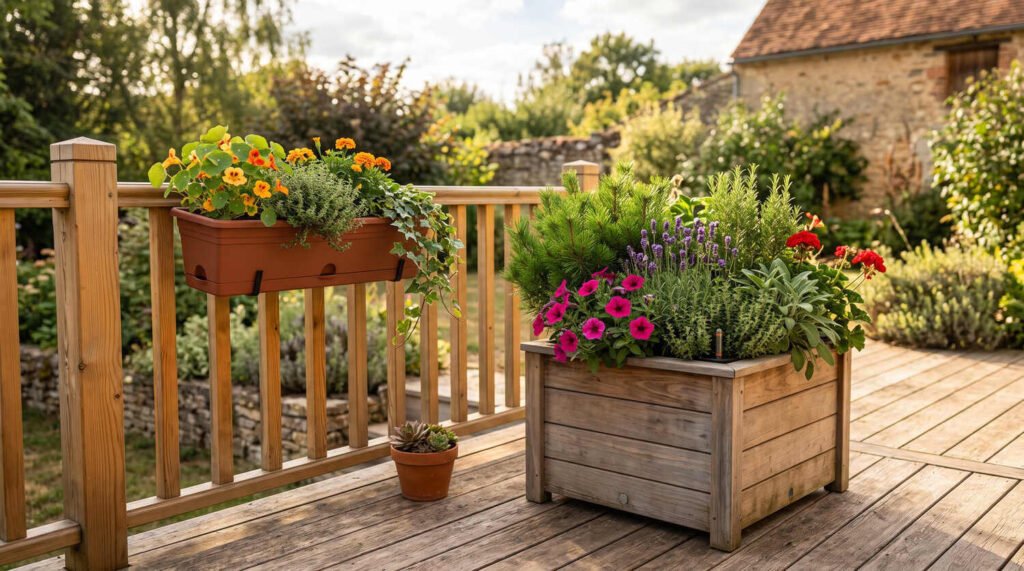 Self-watering planters for patios and balconies with thriving plants