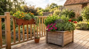 Self-watering planters for patios and balconies with thriving plants