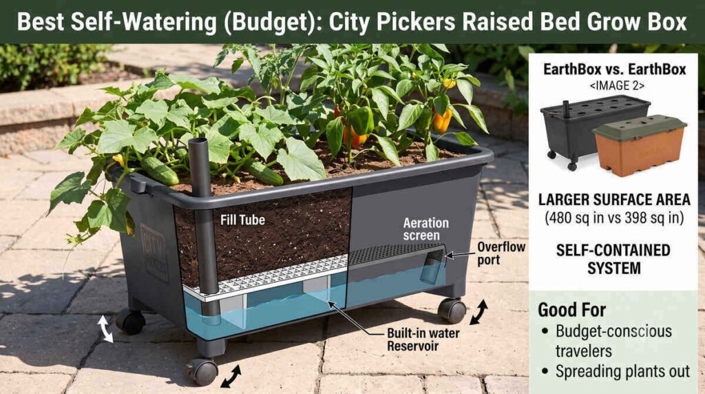 City Pickers self-watering raised bed grow box on patio