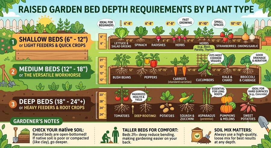 Raised garden bed depth guide by plant type