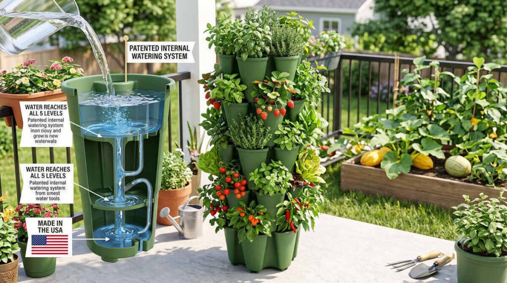 GreenStalk 5-tier stackable vertical planter with vegetables