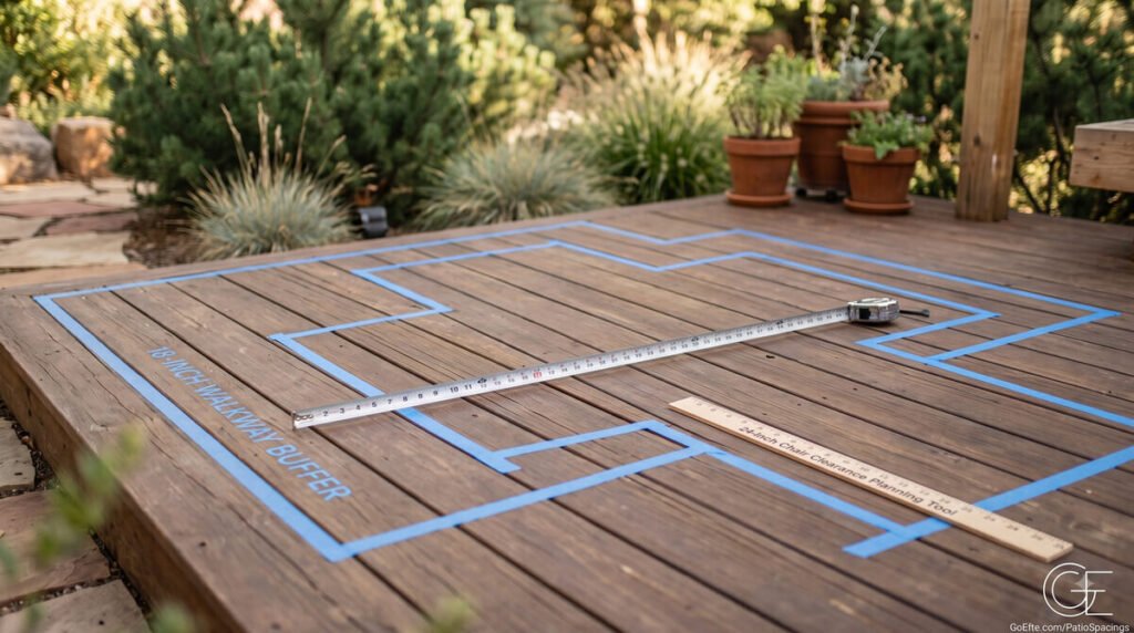 Measuring a patio for furniture layout with tape measure