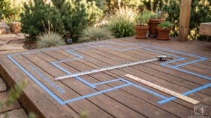 Measuring a patio for furniture layout with tape measure