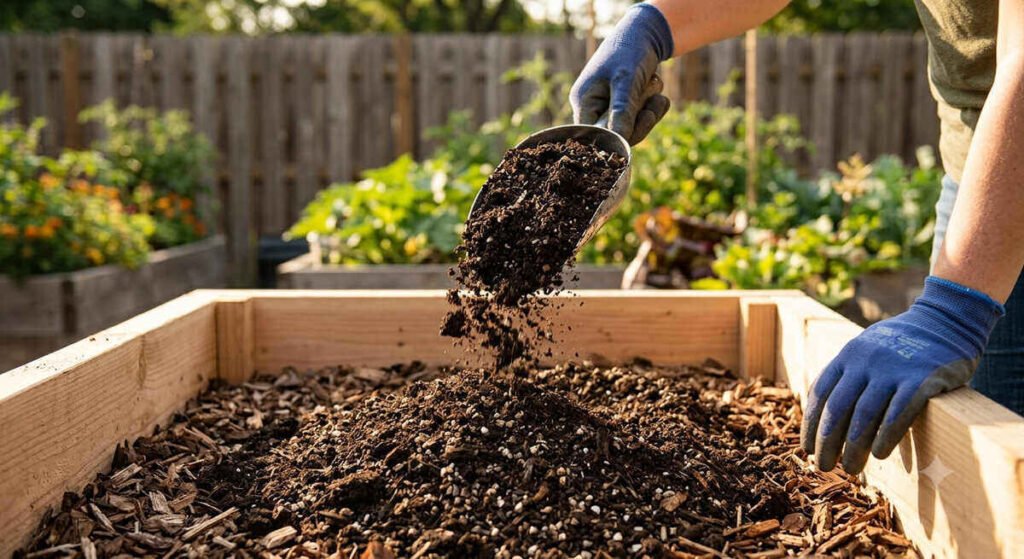 Layering wood chips and soil in a deep raised bed