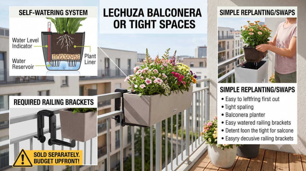 Lechuza Balconera self-watering railing planter on balcony