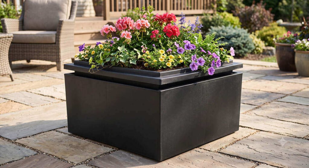 Mayne Fairfield self-watering square planter on patio