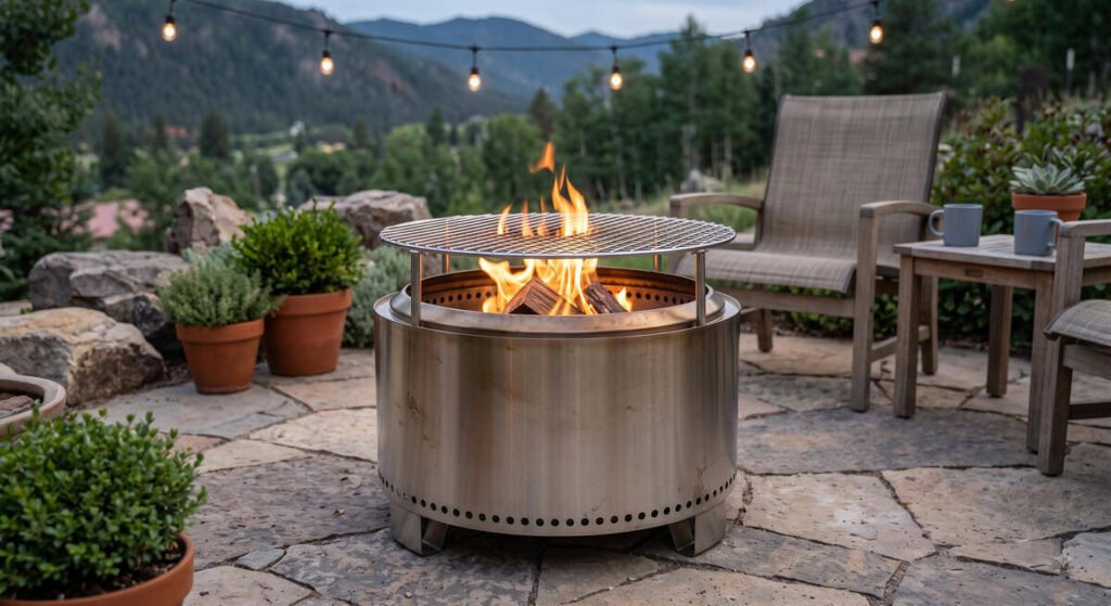 Solo Stove Mesa XL tabletop fire pit on outdoor dining table