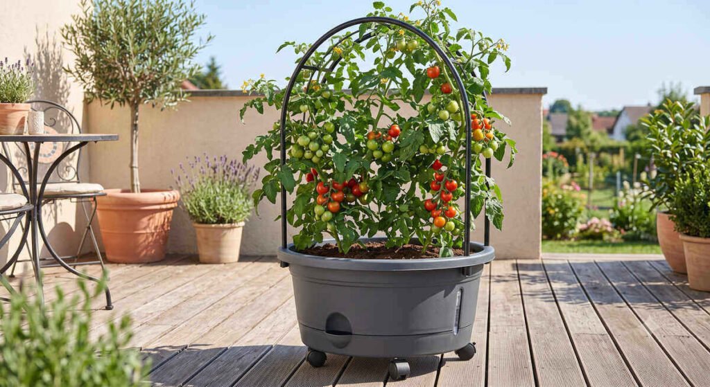 Vego Garden self-watering rolling tomato planter with trellis